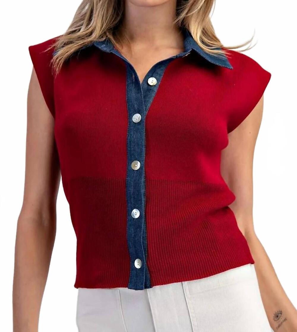 NEW EE:SOME denim contrast knit top in merlot